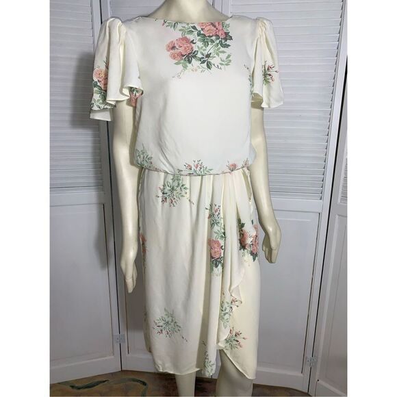 Vintage Floral Pastel Puff Sleeve Dress Cream 9/10 - Picture 1 of 14
